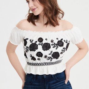 EUC American Eagle White Off-the-Shoulder Crop Top with Black Flowers